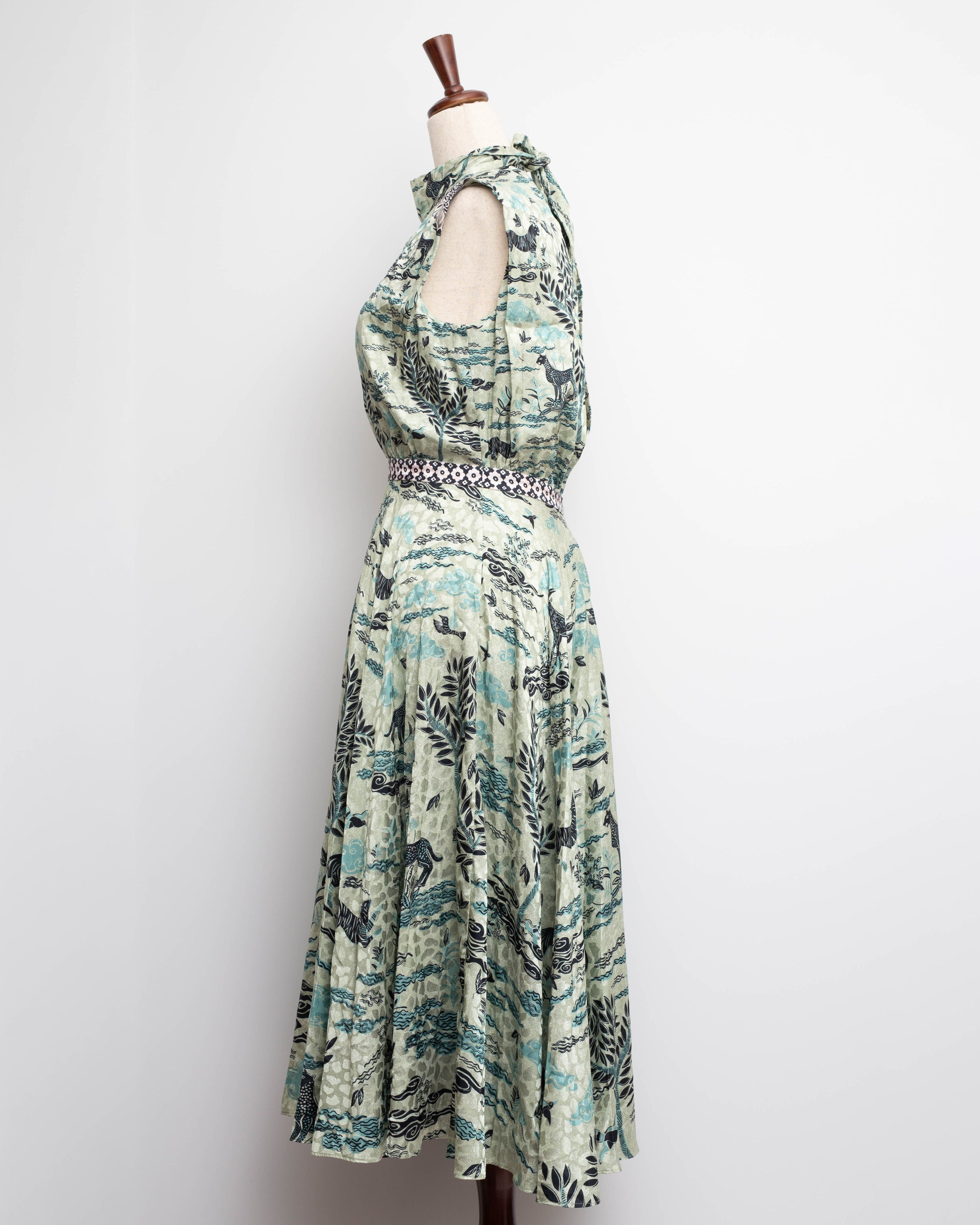 SALONI Fleur E Green Floral Printed Satin Dress