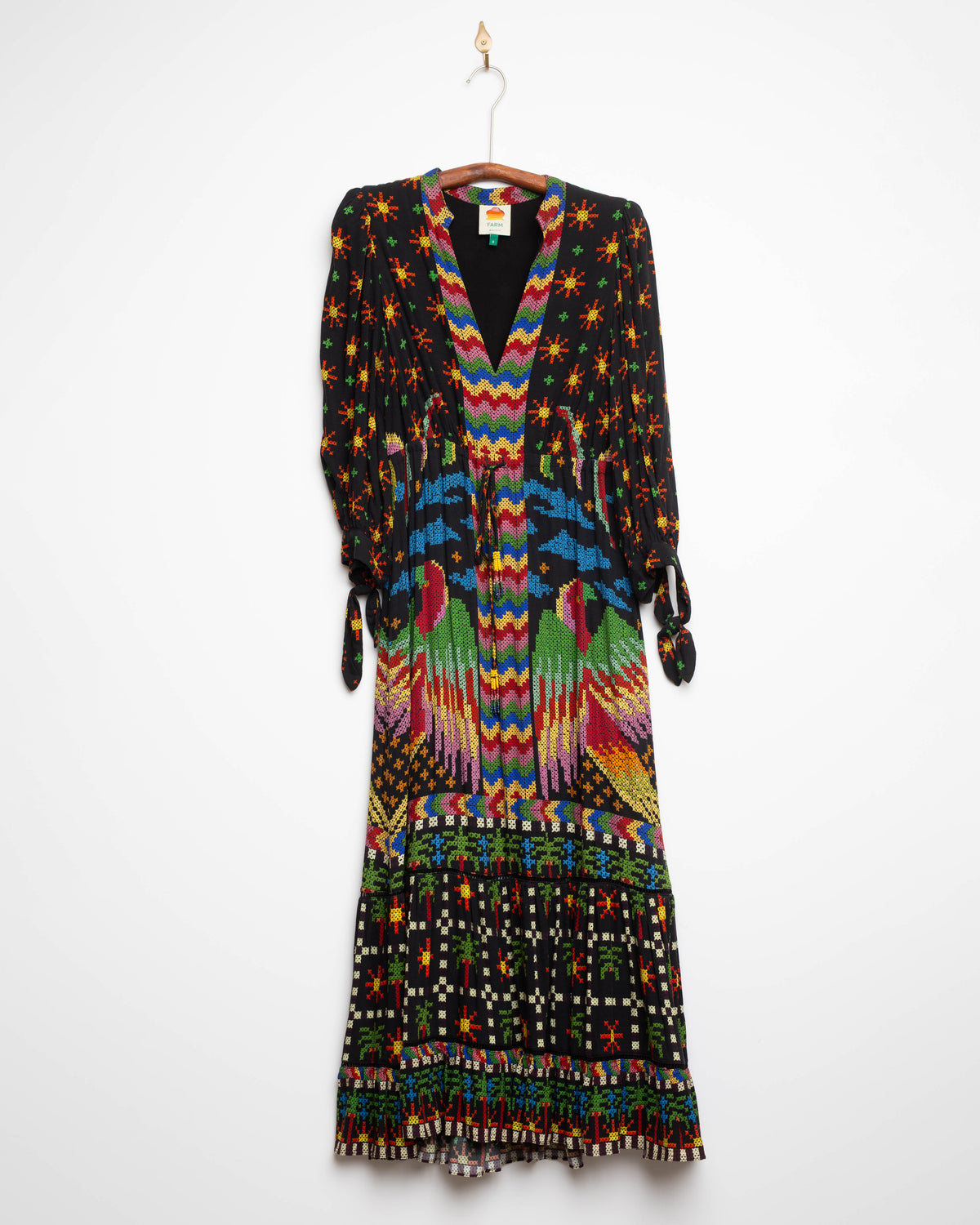 FARM Rio Black Macaw Night V-Neck Maxi Dress — Size S