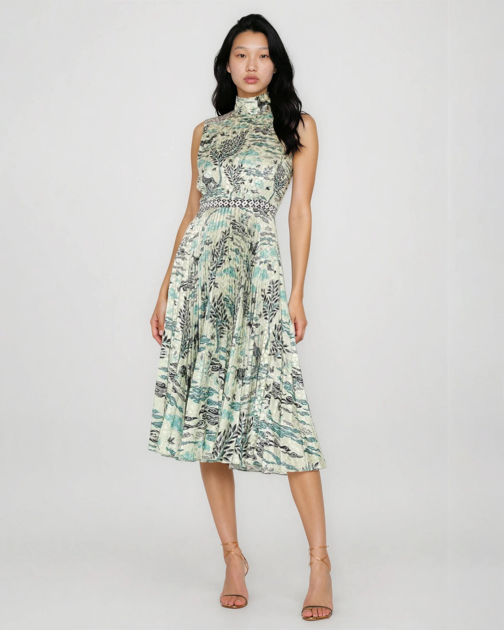 SALONI Fleur E Green Floral Printed Satin Dress