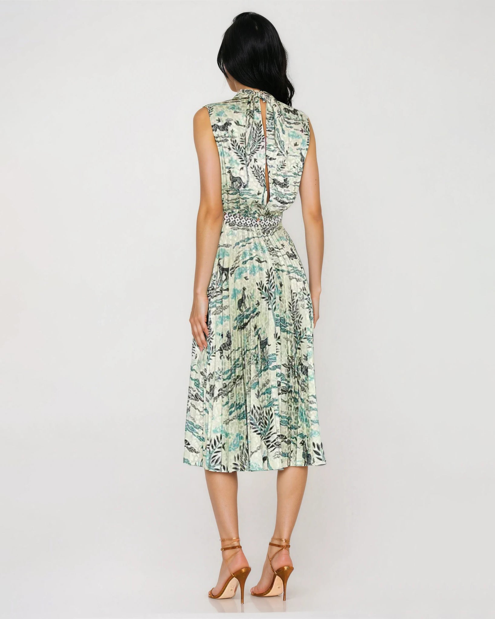 SALONI Fleur E Green Floral Printed Satin Dress