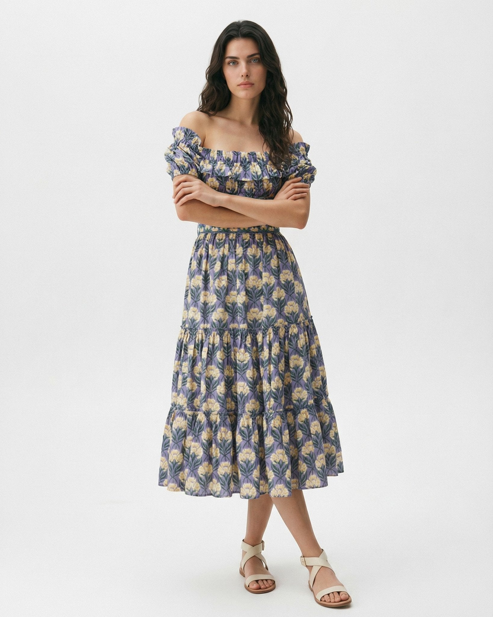 AGUA BY AGUA BENDITA Banana Off - the - Shoulder Tiered Midi Dress Size S - Wind & Song