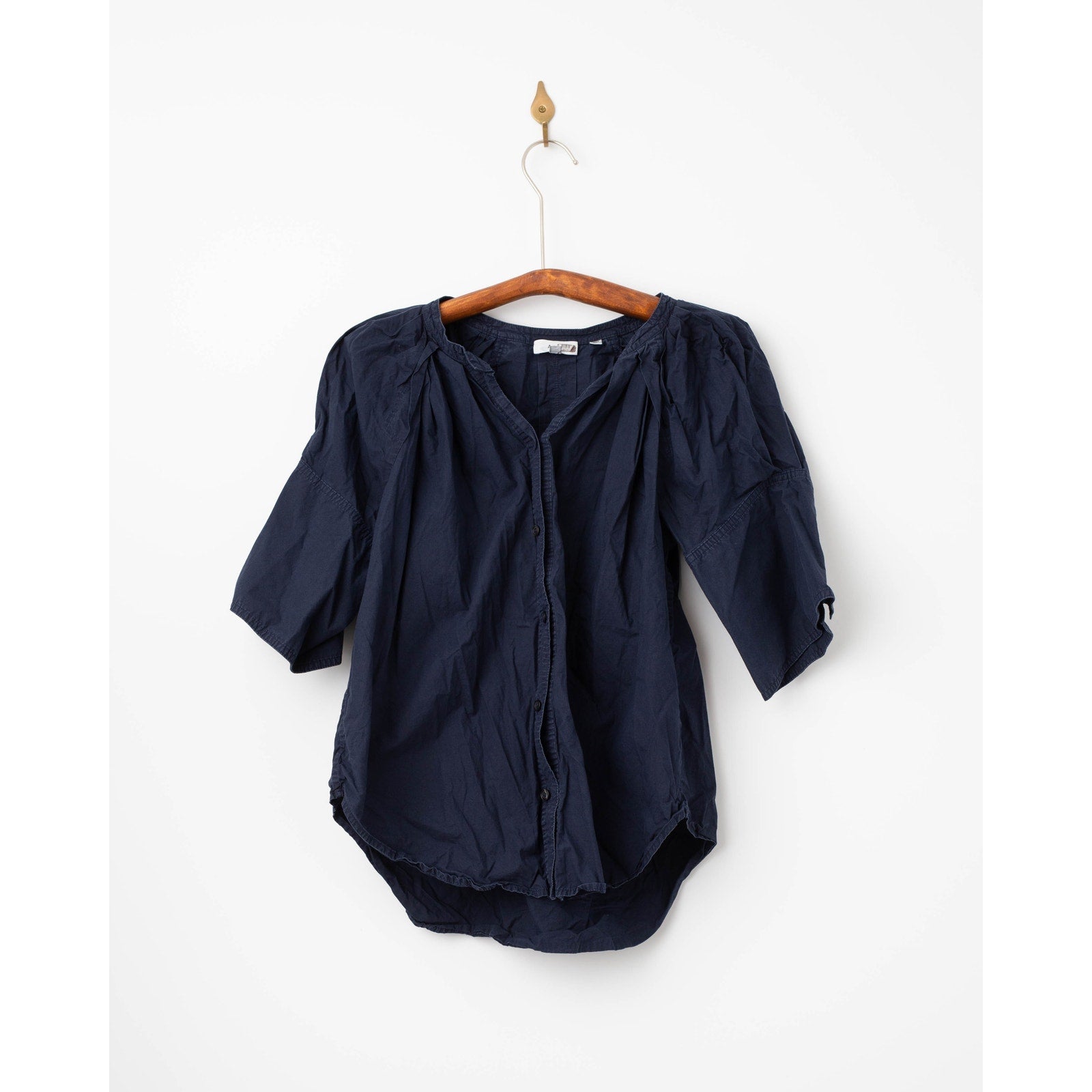 A.L.C. Chloe Blue Cotton Puff Sleeve Blouse – 3/4 Sleeve Crew Neck Button - Down - Wind & Song