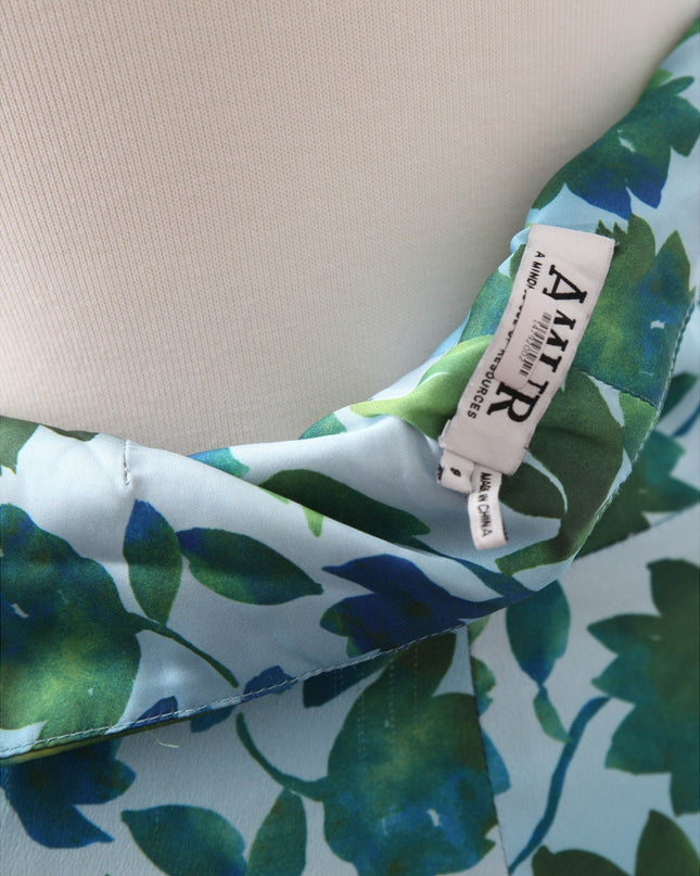 AMUR Blue Floral Halter Gown with Ruffle Detail (Size 8) - Wind & Song