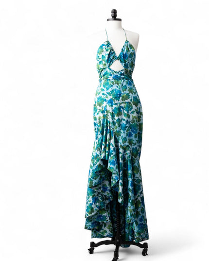 AMUR Blue Floral Halter Gown with Ruffle Detail (Size 8) - Wind & Song
