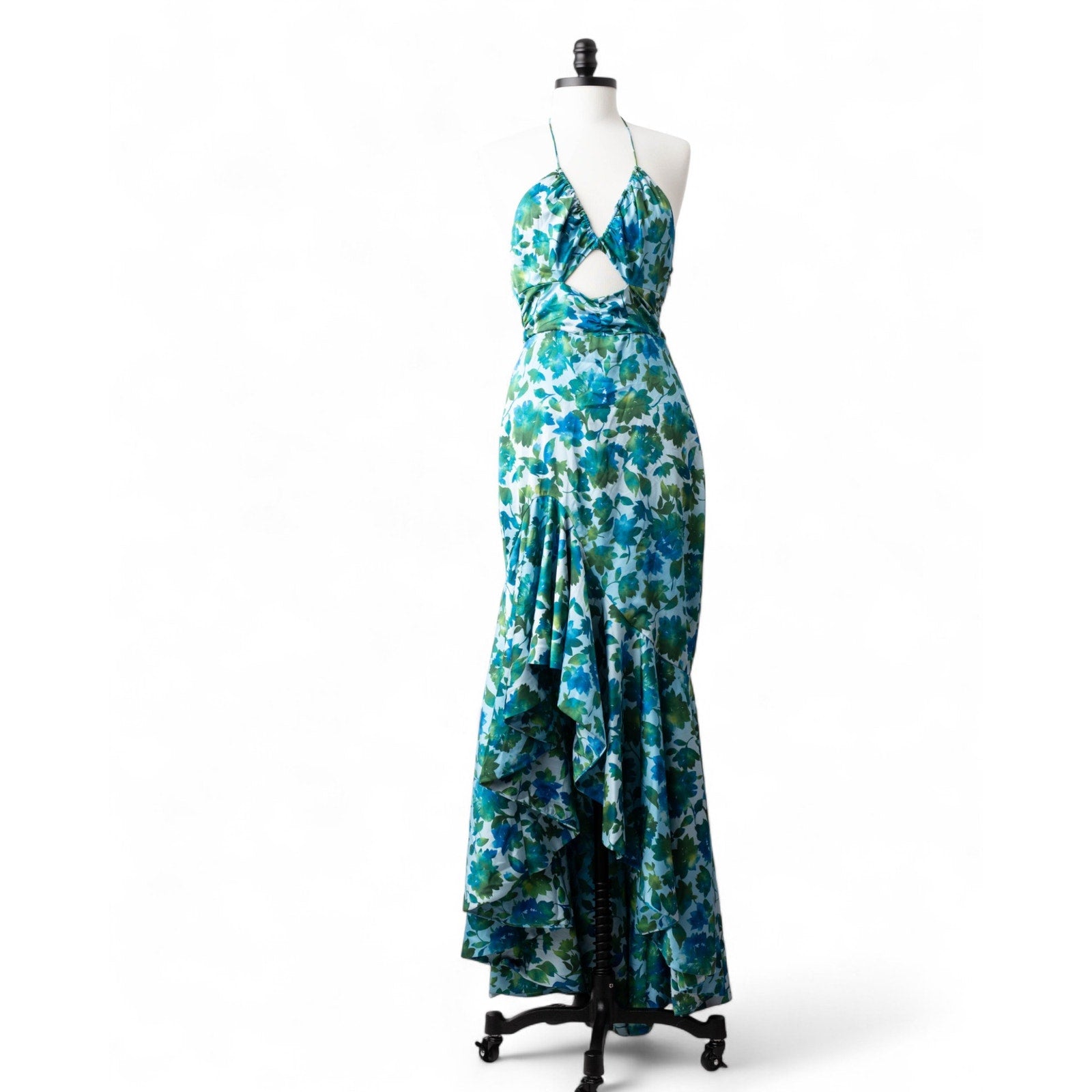 AMUR Blue Floral Halter Gown with Ruffle Detail (Size 8) - Wind & Song