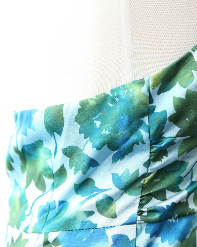 AMUR Blue Floral Halter Gown with Ruffle Detail (Size 8) - Wind & Song