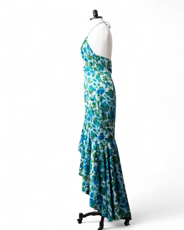 AMUR Blue Floral Halter Gown with Ruffle Detail (Size 8) - Wind & Song