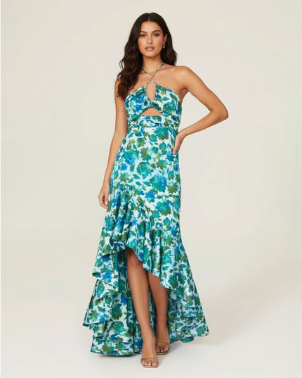 AMUR Blue Floral Halter Gown with Ruffle Detail (Size 8) - Wind & Song
