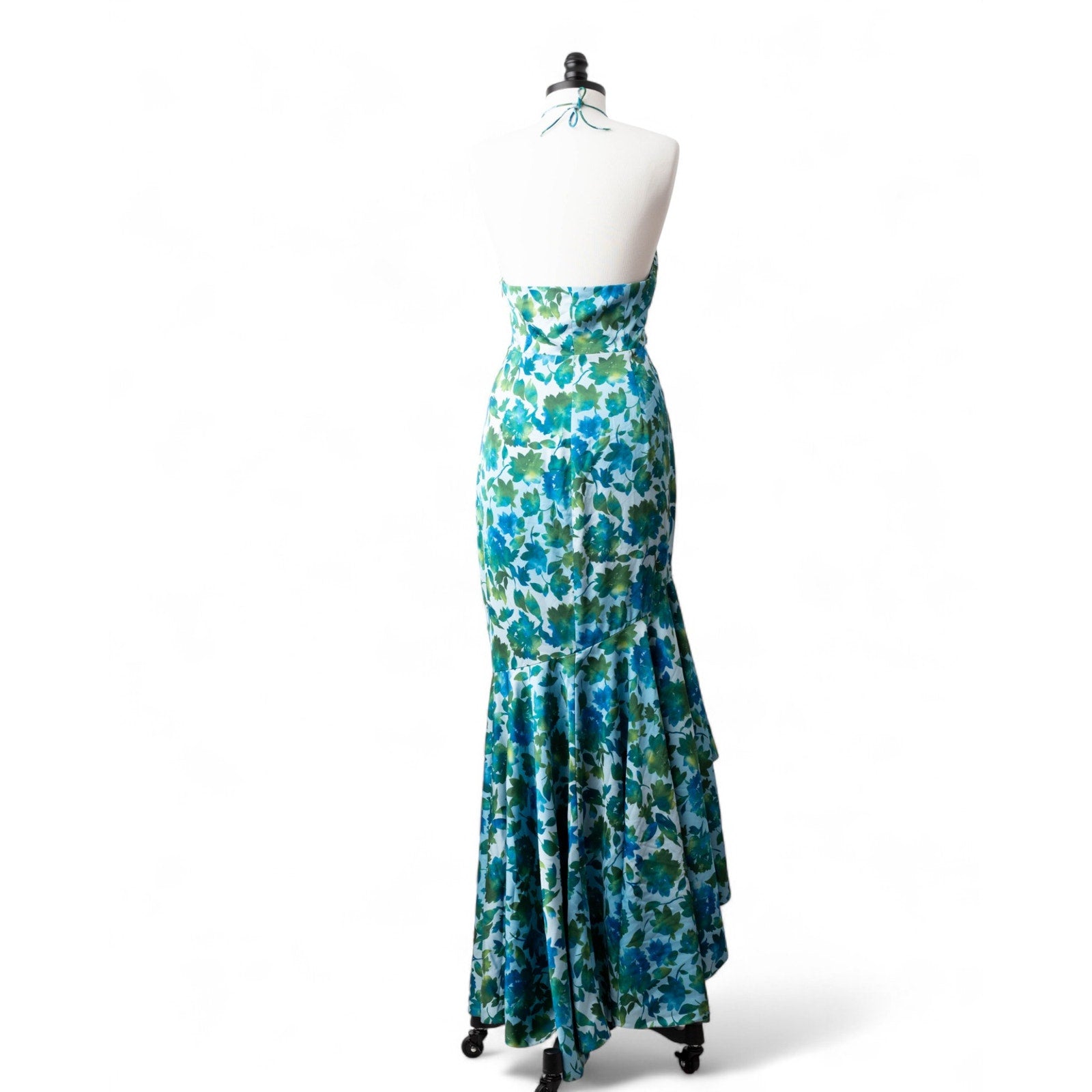 AMUR Blue Floral Halter Gown with Ruffle Detail (Size 8) - Wind & Song