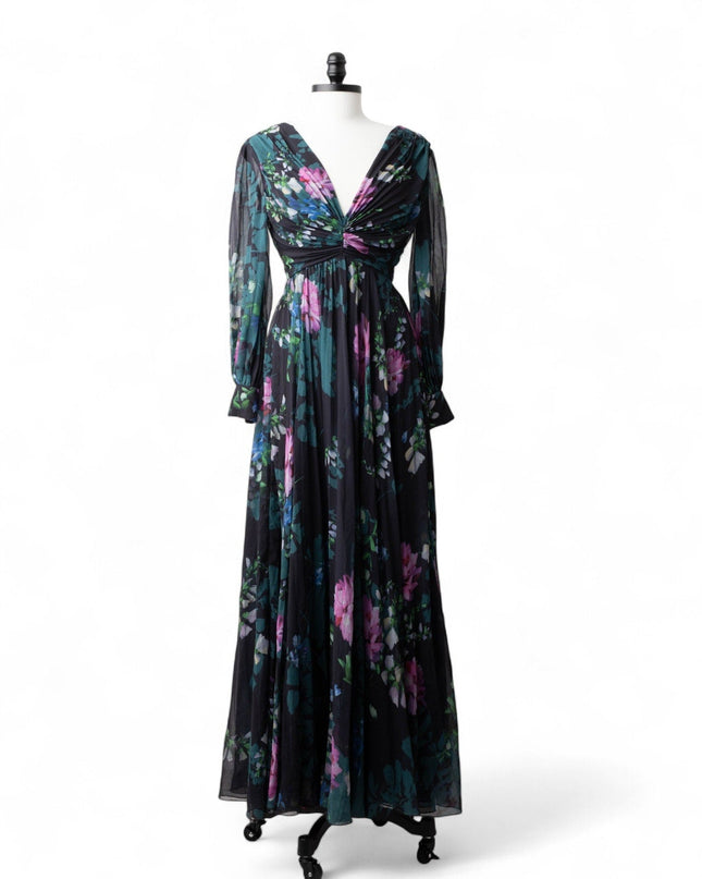 Badgley Mischka Black Floral Ruffled Gown (Size 0) - Wind & Song