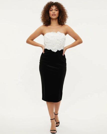 Badgley Mischka Black Velvet with White Rose Bodice Dress - Wind & Song