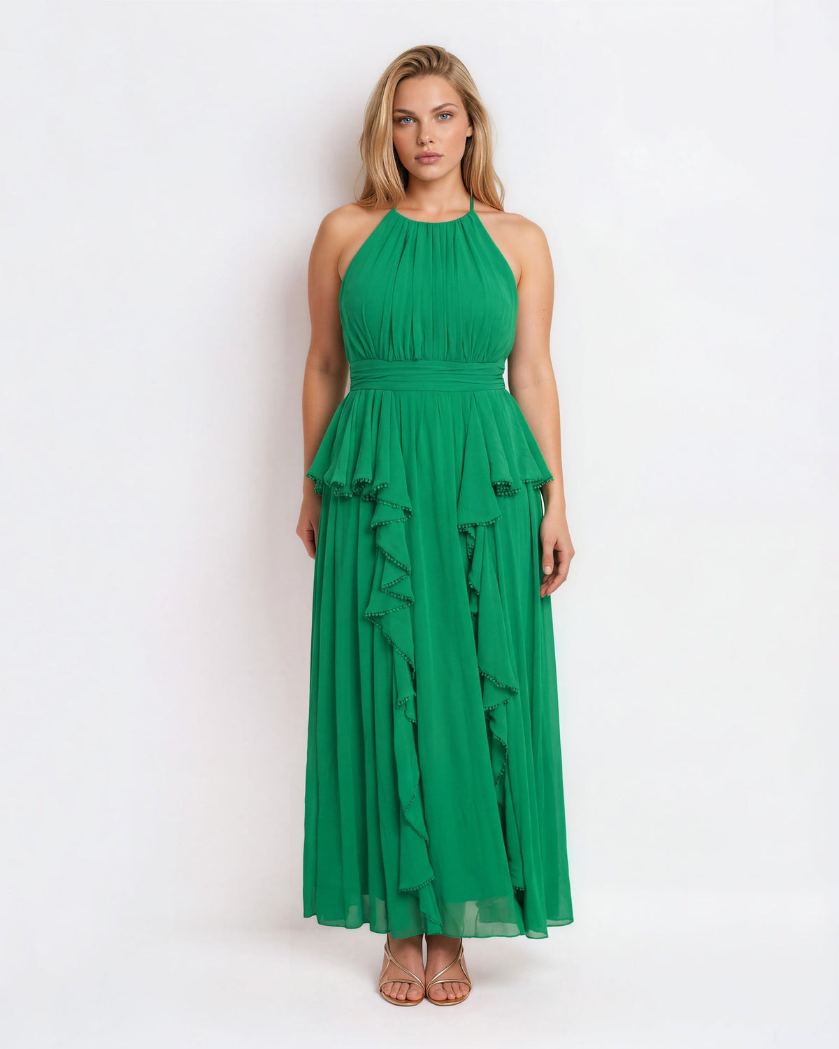 Badgley Mischka Emerald Pleated Chiffon Halter Gown – US 10 - Wind & Song