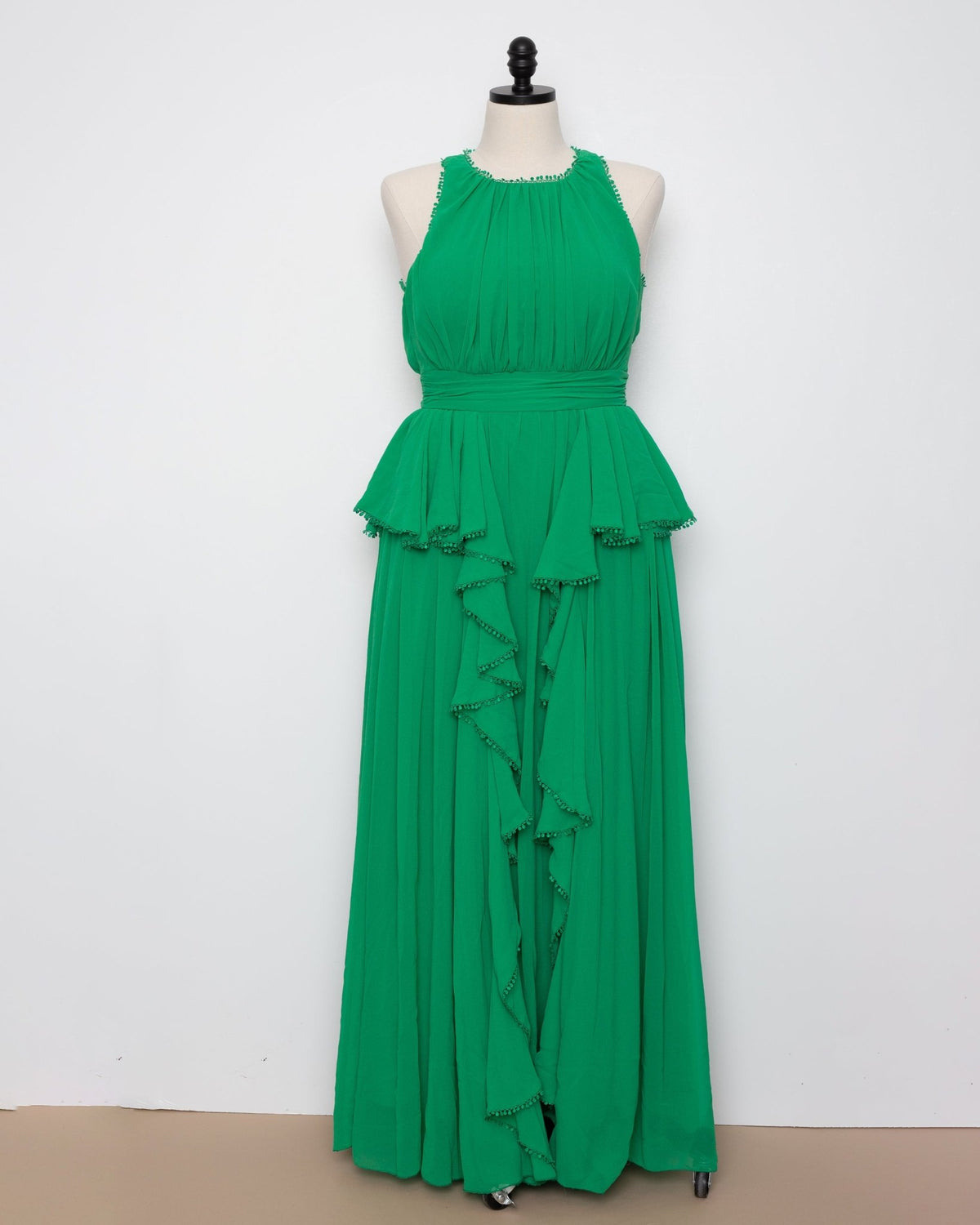 Badgley Mischka Emerald Pleated Chiffon Halter Gown – US 10 - Wind & Song