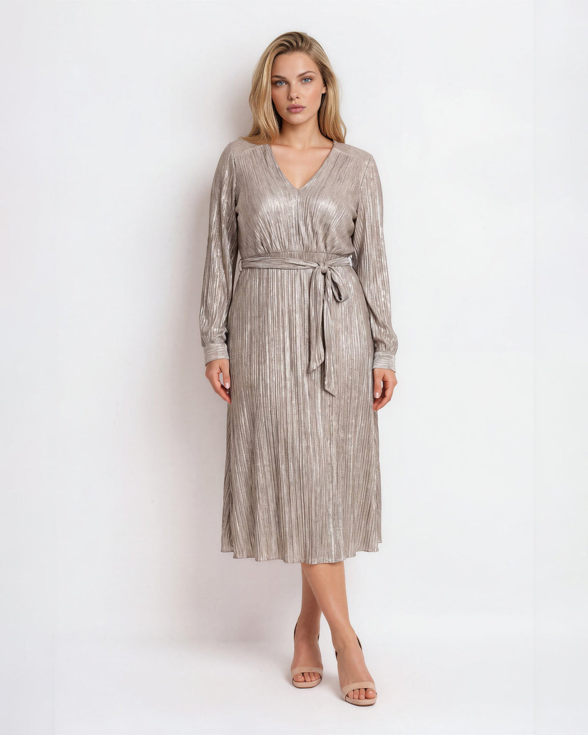 Badgley Mischka Gold Pleated Belted Midi Dress – US 12 - Wind & Song