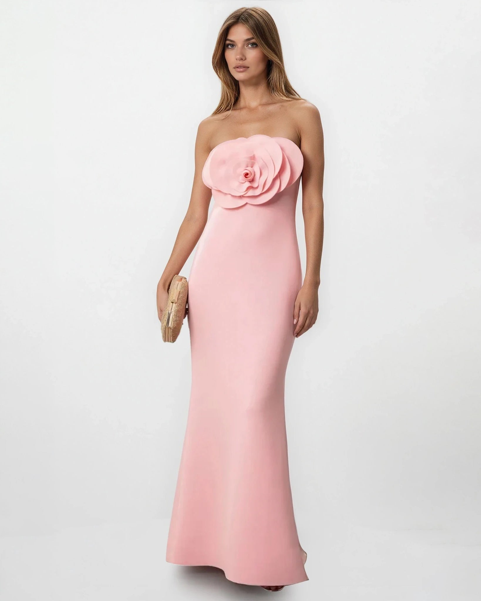 Badgley Mischka Pink Strapless Rosette Scuba Gown Size 14 – Formal Dress - Wind & Song