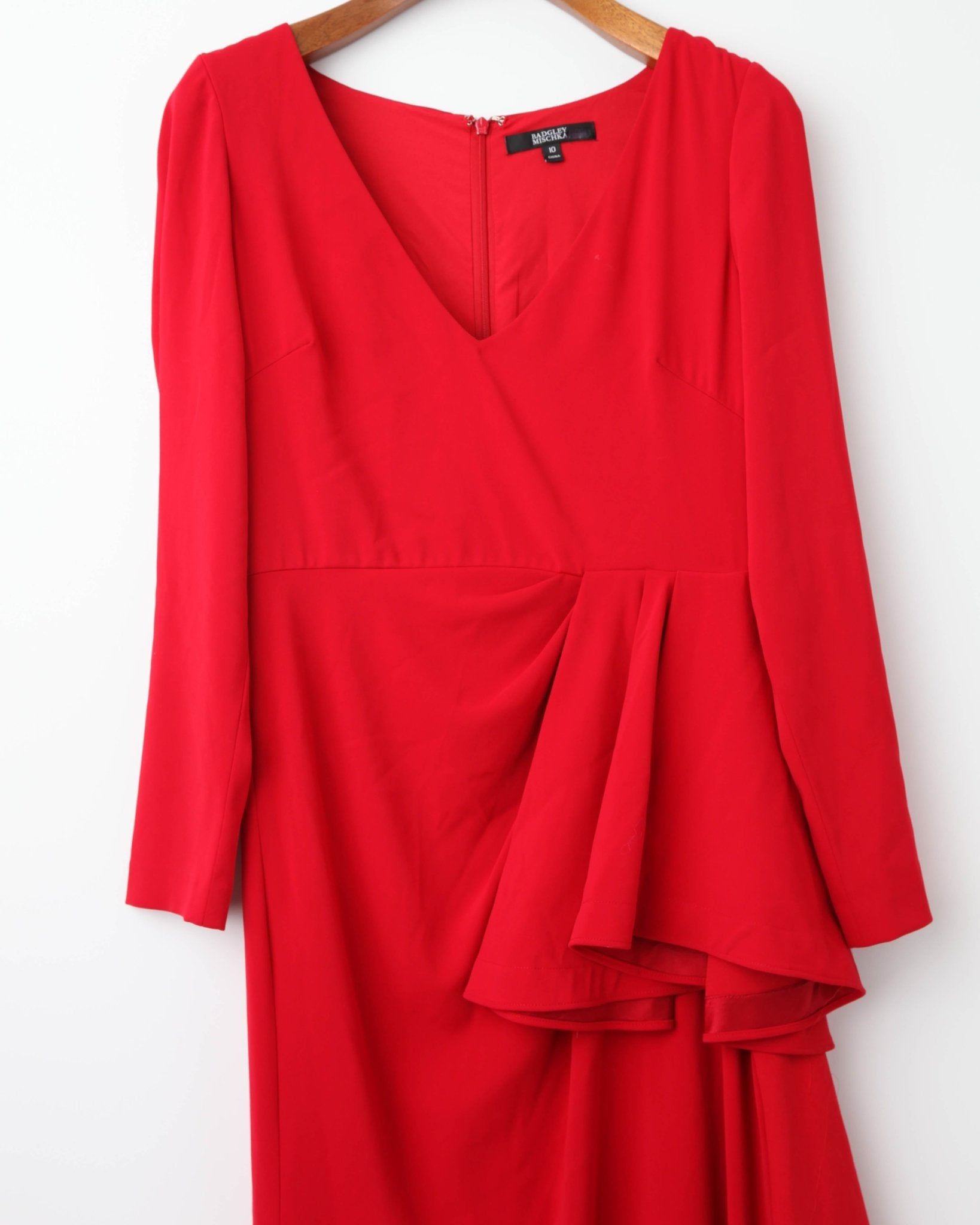 Badgley Mischka Red Front Ruffle Gown - Wind & Song