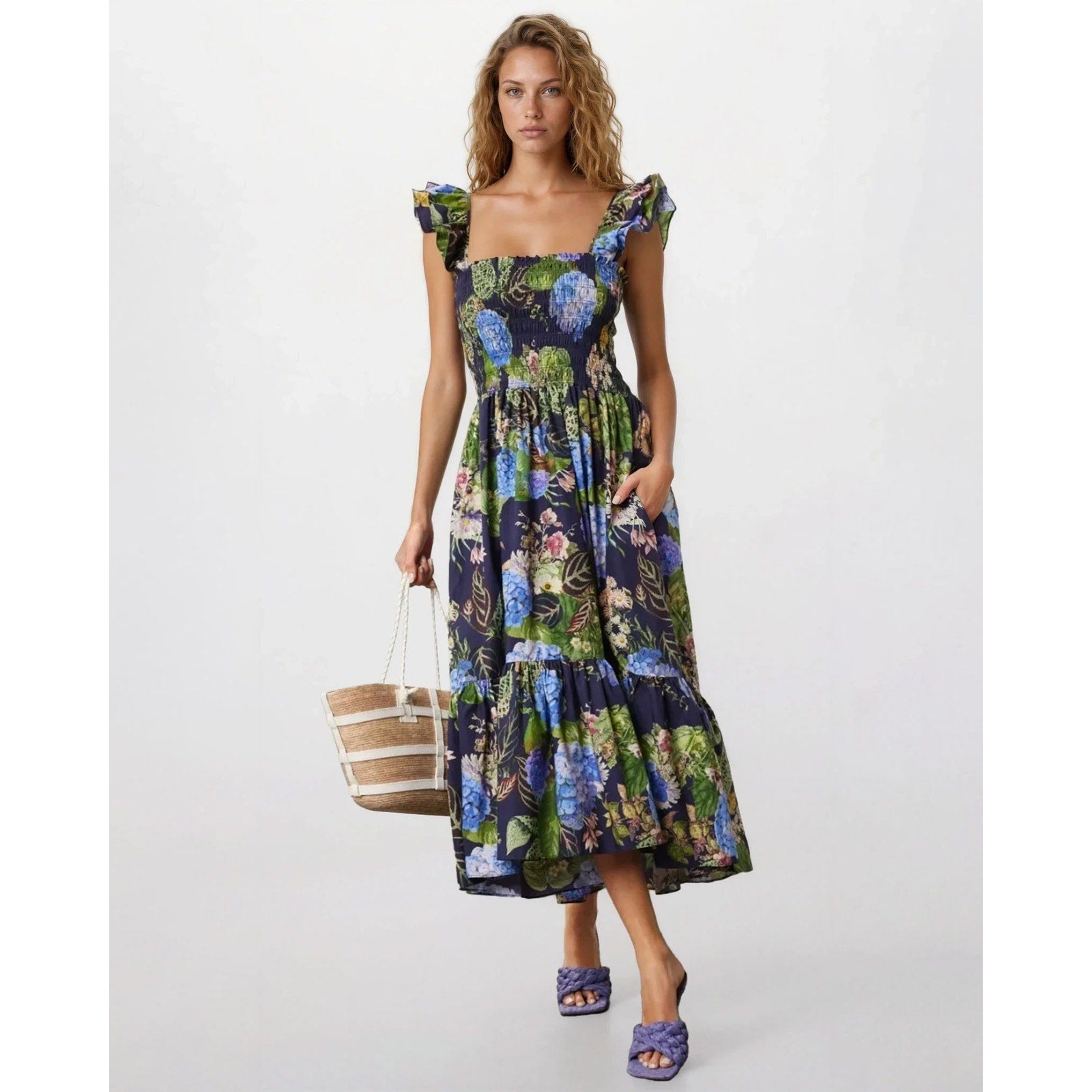Cara Cara New York Ruby Blue Floral Midi Dress | Size M, Pre - Owned - Wind & Song