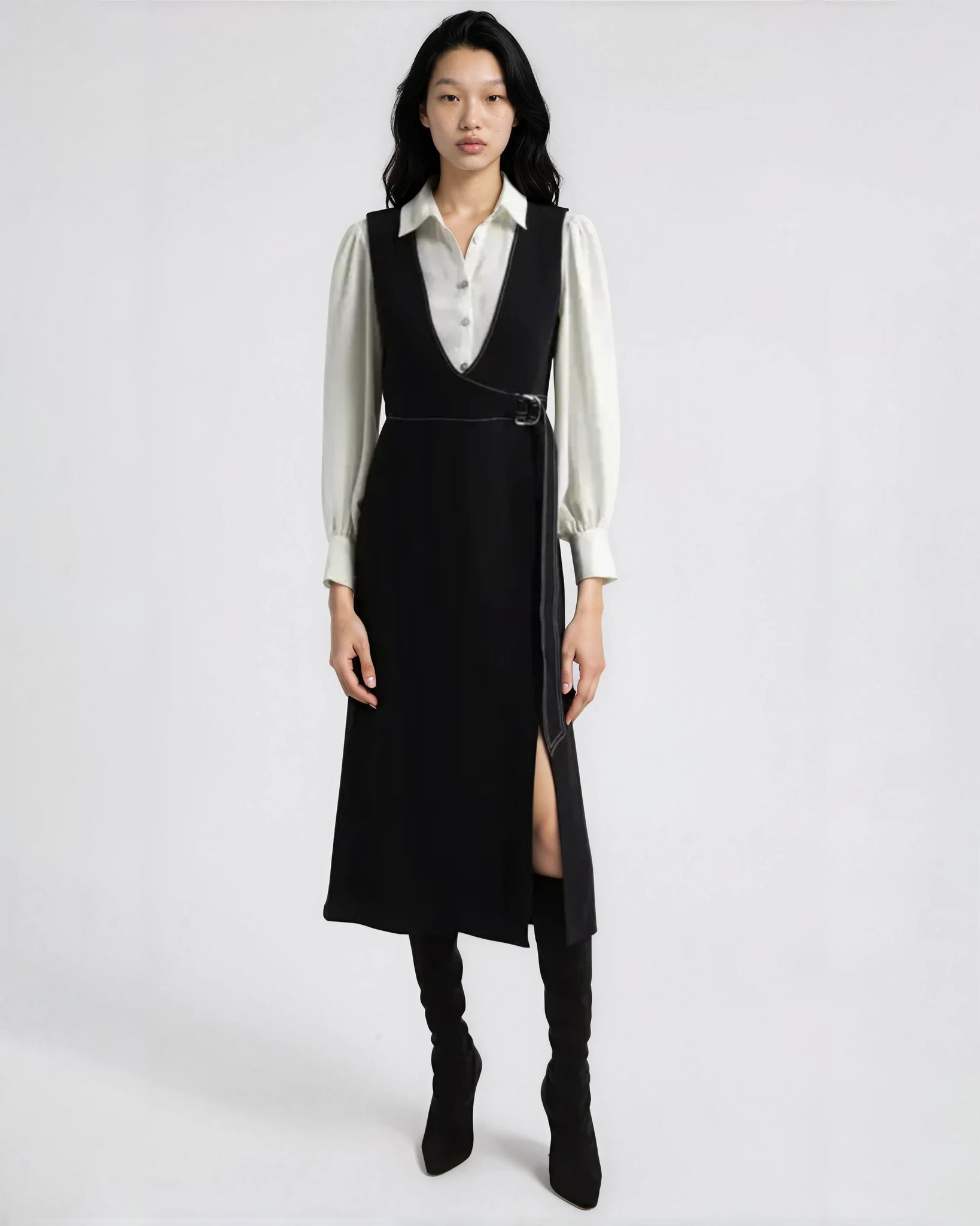 Cinq à Sept Ambre Long Sleeve Faux Wrap Midi Dress – Black Twill – Size 4 - Pre - owned - Wind & Song