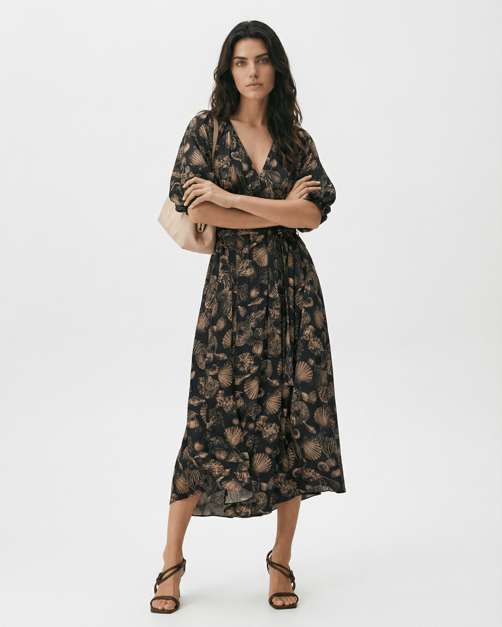 Co Puff Sleeve Black Printed Viscose Dress Size M - Wind & Song