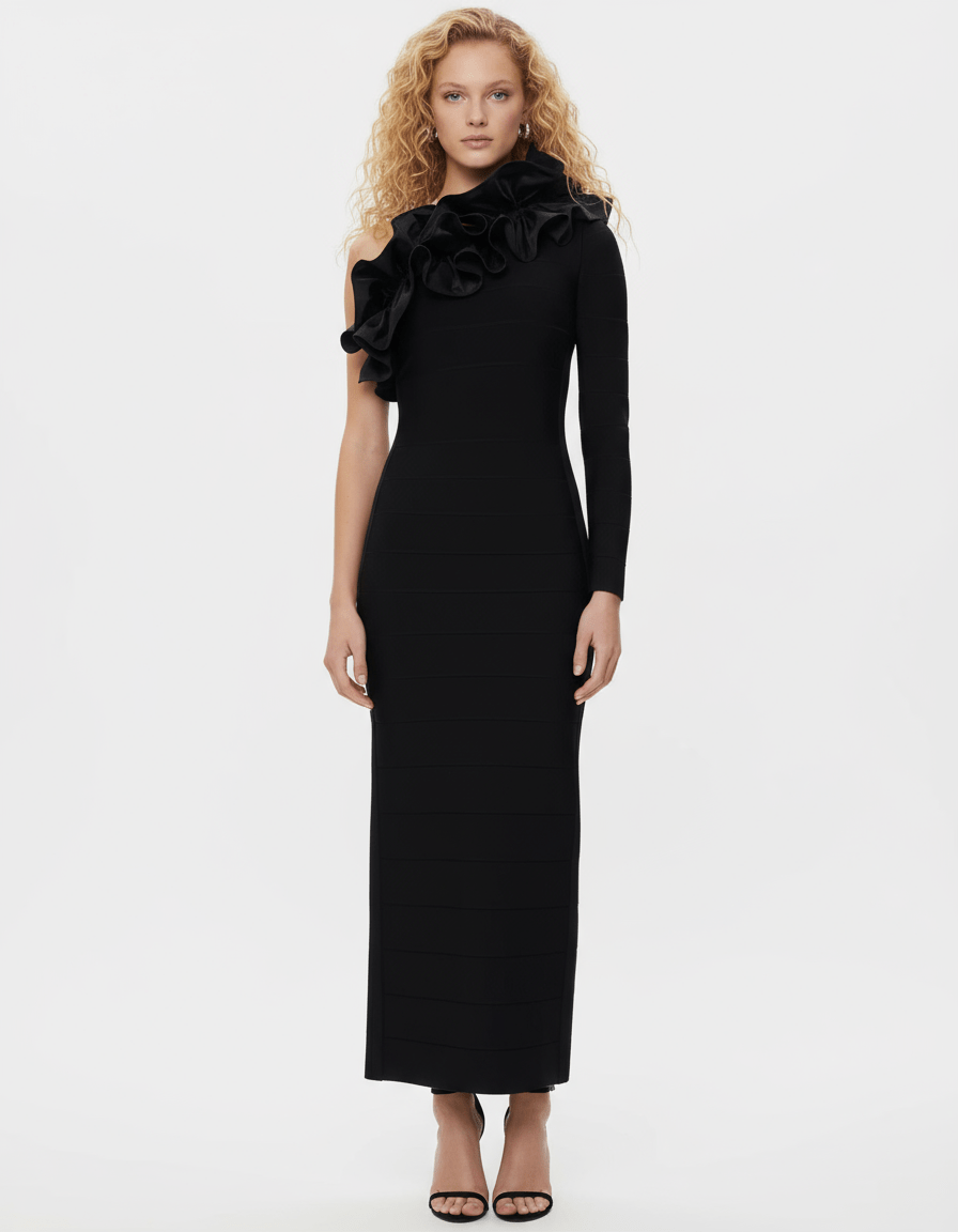 Hervé Léger Asymmetrical Ruffle Gown in Black Size S - Wind & Song