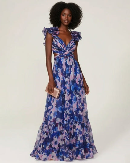 Ieena for Mac Duggal Blue Floral Cutout Gown - Wind & Song