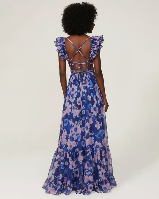 Ieena for Mac Duggal Blue Floral Cutout Gown - Wind & Song