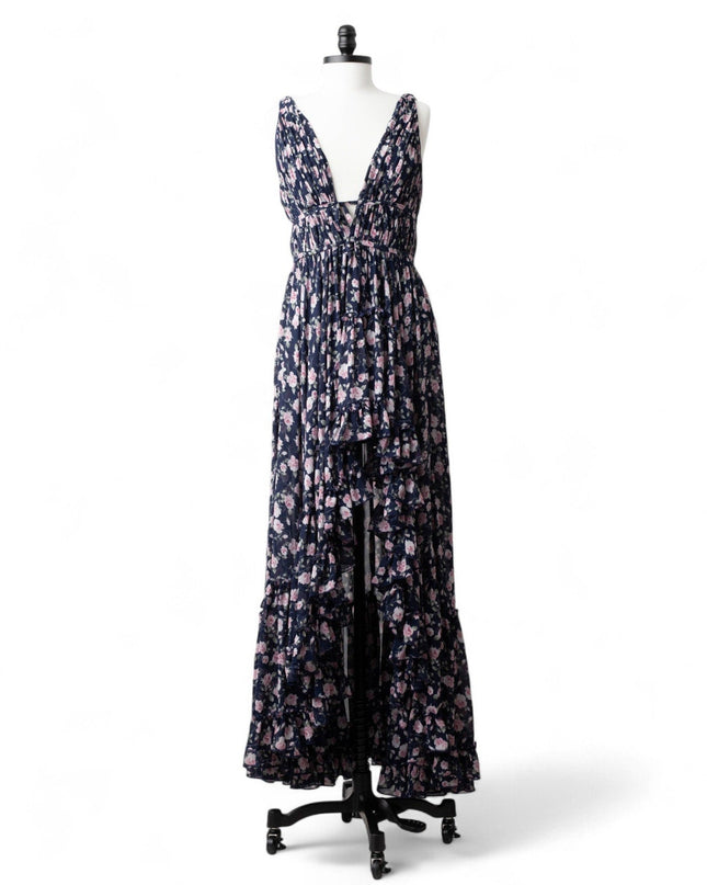 Ieena for Mac Duggal Floral Ruffled Gown in Navy - Wind & Song