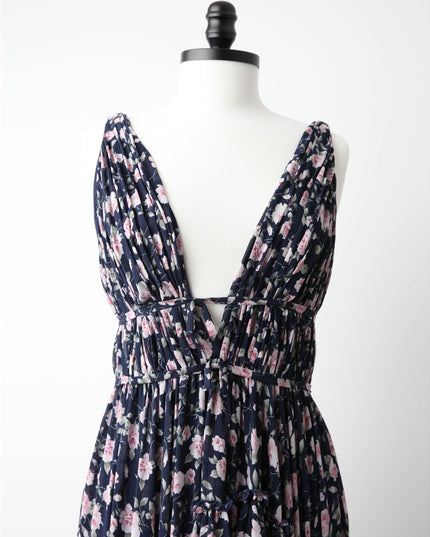 Ieena for Mac Duggal Floral Ruffled Gown in Navy - Wind & Song