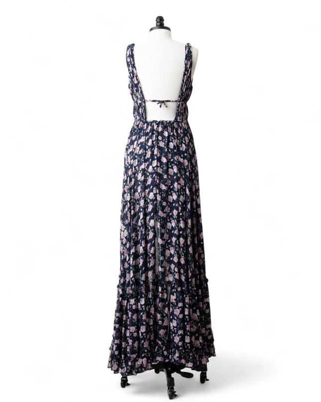 Ieena for Mac Duggal Floral Ruffled Gown in Navy - Wind & Song