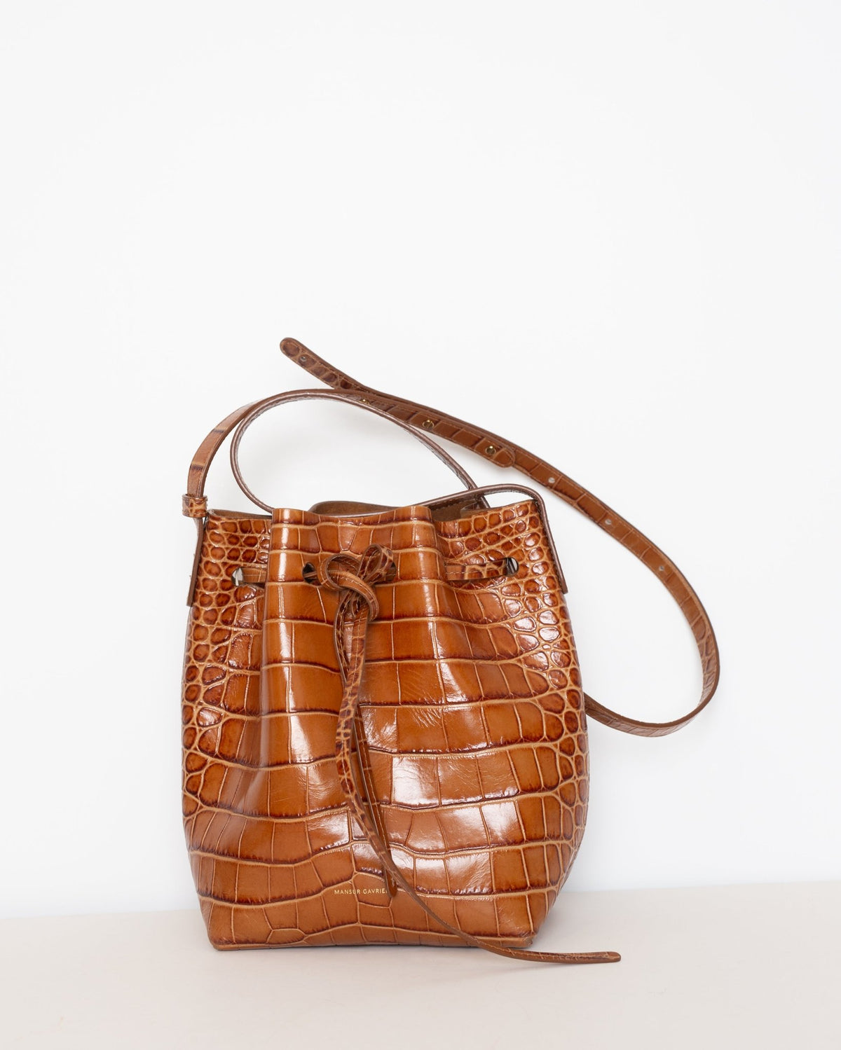 Mansur Gavriel Mini Croc-Embossed Leather Bucket Bag – Cognac Brown - Wind & Song