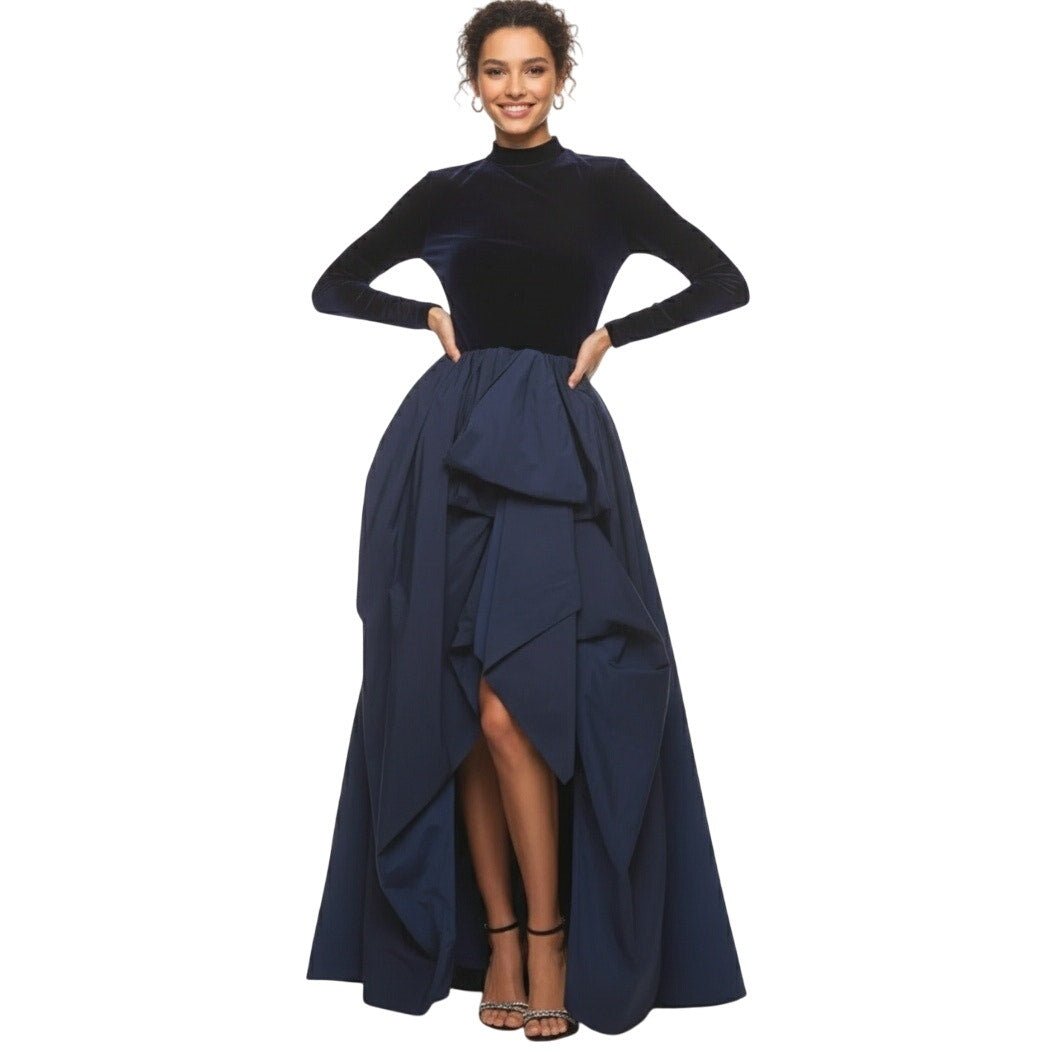 Marchesa Notte Blue Velvet High Neckline Gown - Wind & Song