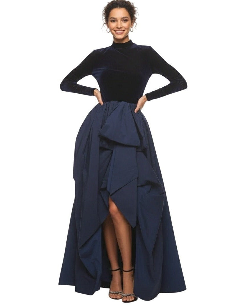 Marchesa Notte Blue Velvet High Neckline Gown - Wind & Song