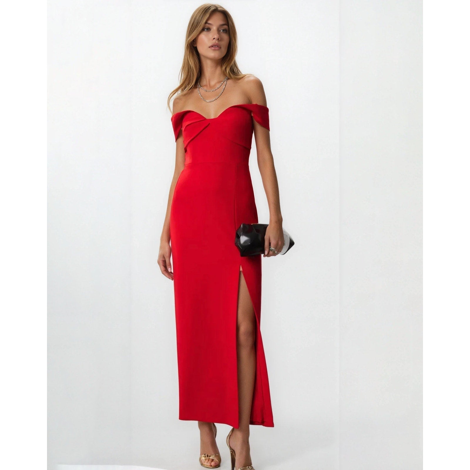 ML Monique Lhuillier Viviana Off the Shoulder Crepe Gown in Red - Wind & Song