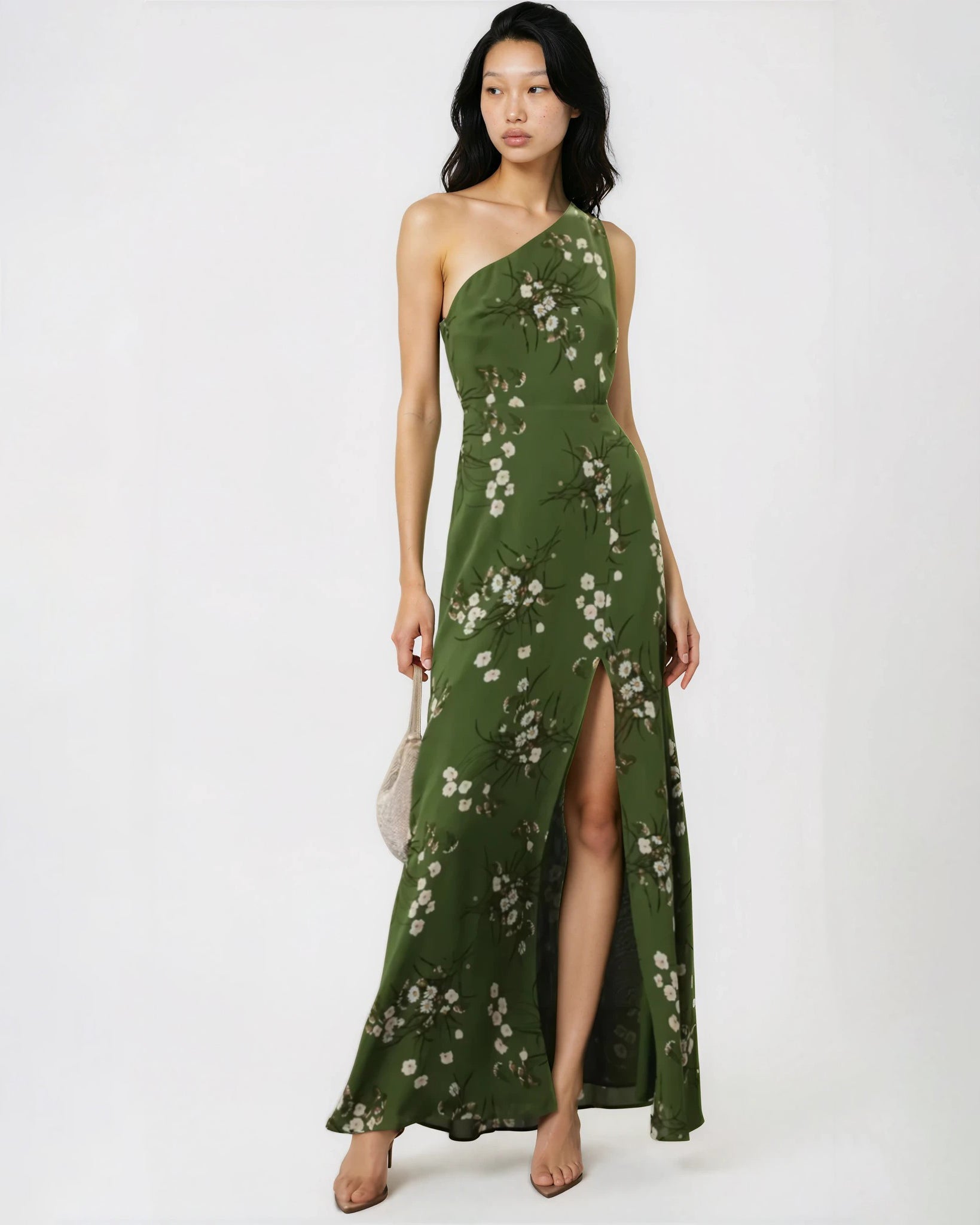 Reformation Evelyn Floral One Shoulder Dress Size 8 | Pre - Owned Green Chiffon - Wind & Song