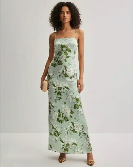 Reformation Frankie Silk Gown in Green Floral - Wind & Song