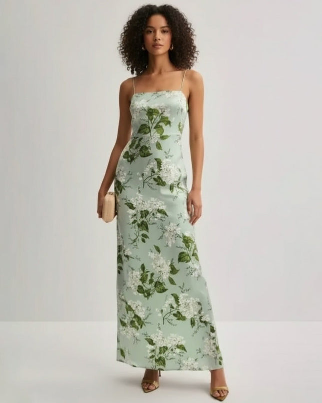 Reformation Frankie Silk Gown in Green Floral - Wind & Song