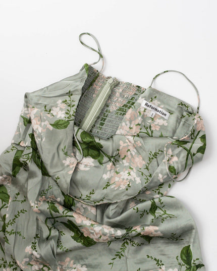 Reformation Frankie Silk Gown in Green Floral - Wind & Song