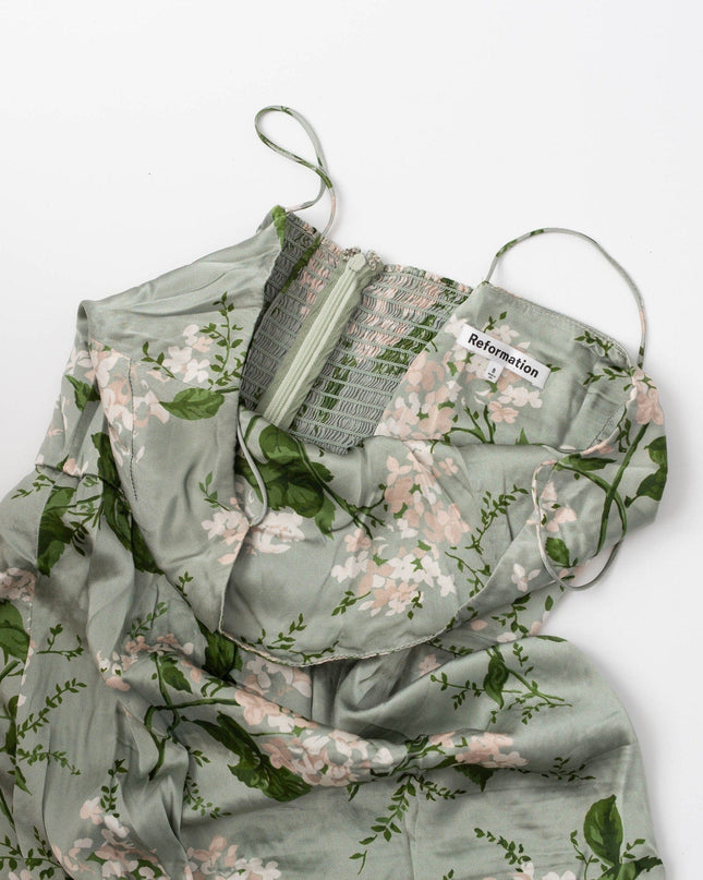 Reformation Frankie Silk Gown in Green Floral - Wind & Song