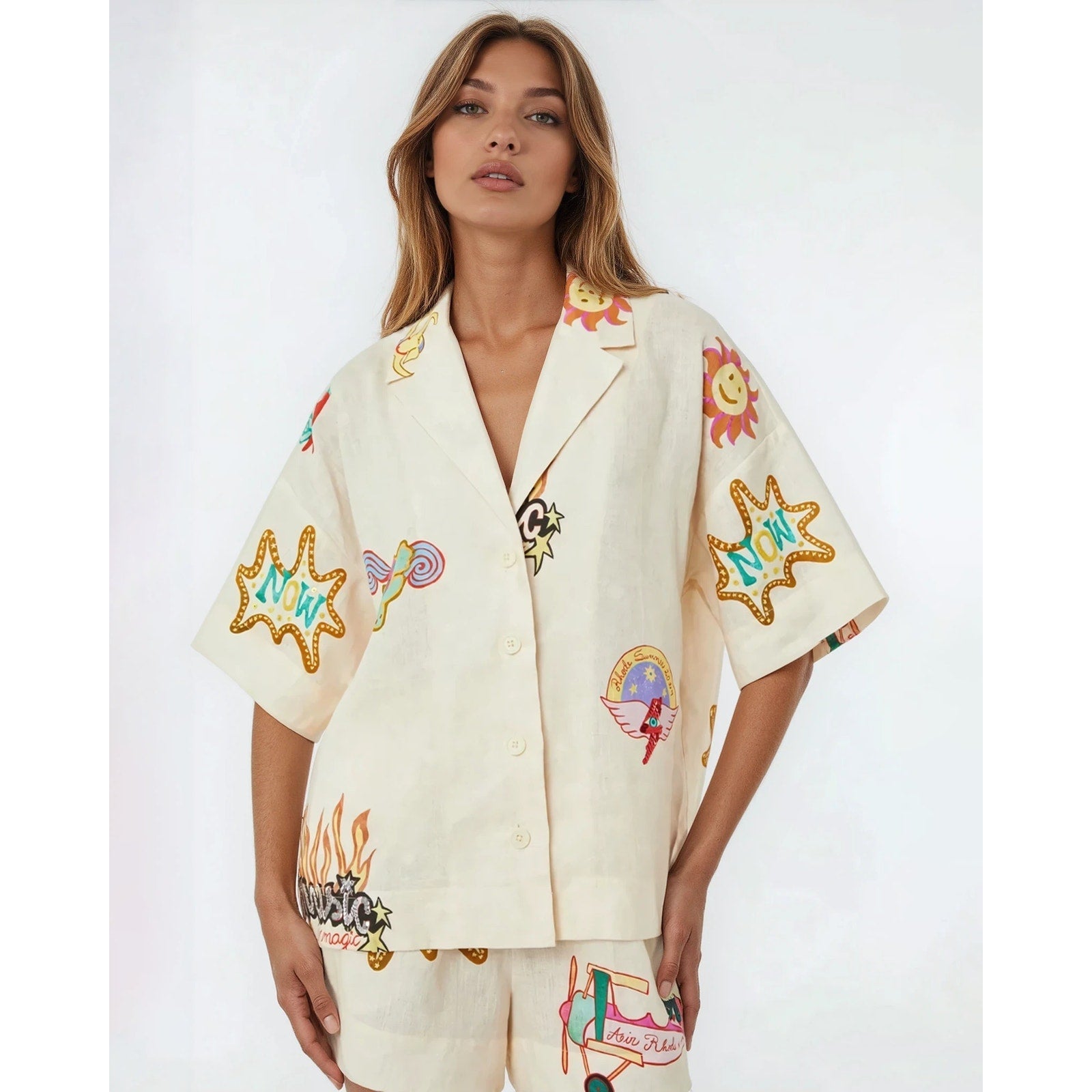RHODE Nola Off - White Graphic Linen Top – Short Sleeve Collared Button - Down - Wind & Song