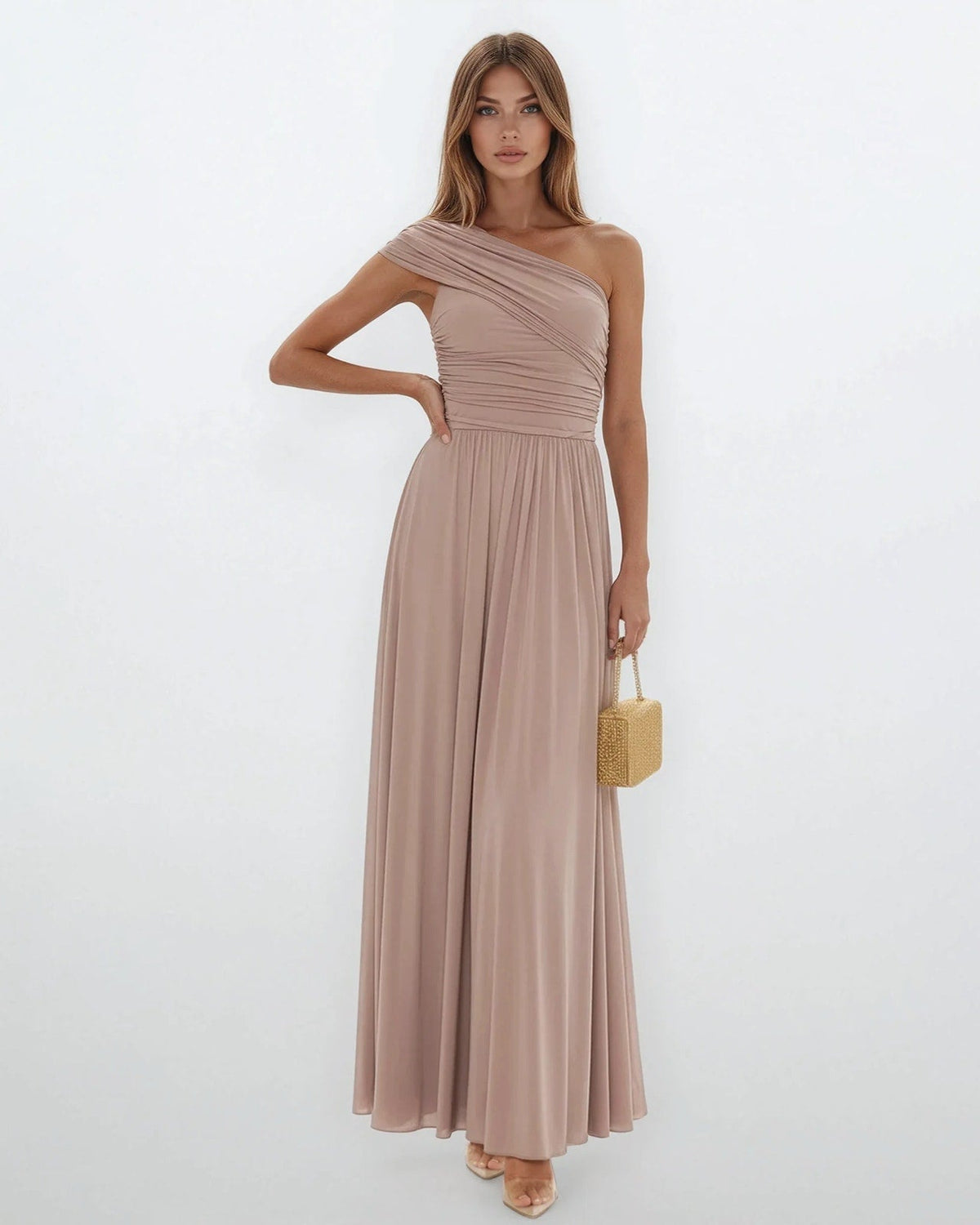 Ronny Kobo Killian One - shoulder Gown in Brown - Wind & Song