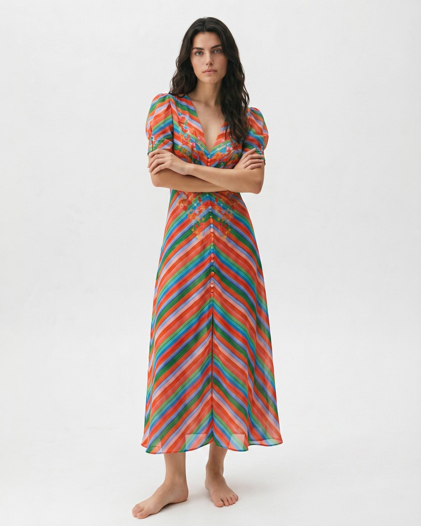 SALONI Lea Striped Embroidered Midi Dress Size 2