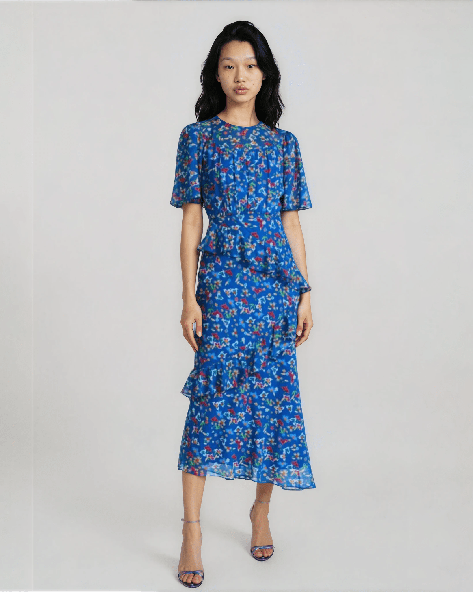 SALONI Vida Ruffled Dress in Blue Size 4 - Wind & Song