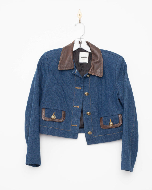 Sandro Blue Denim Jacket With Leather Collar - Wind & Song