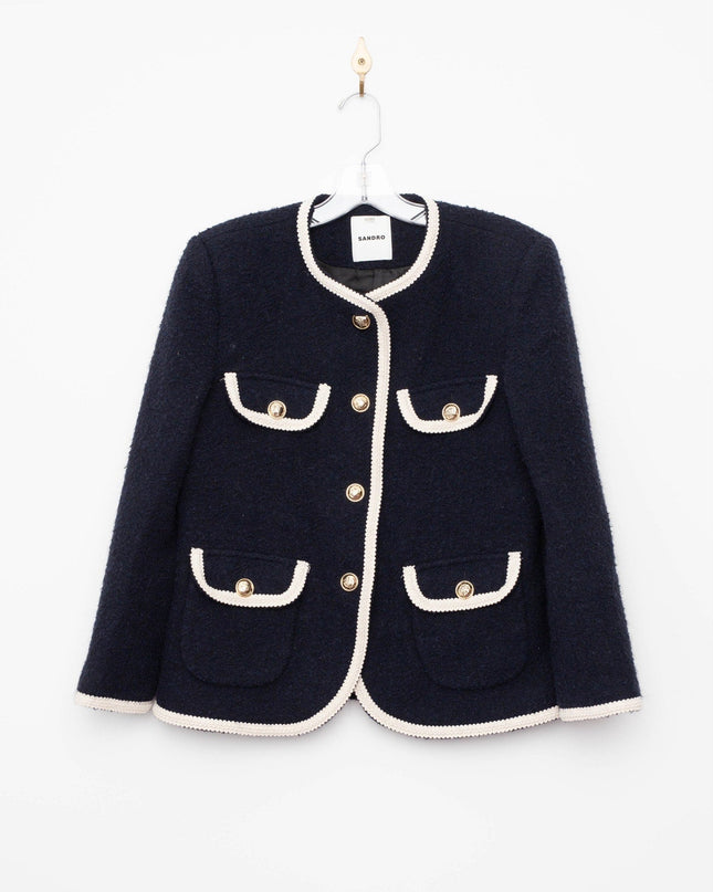 Sandro Dark Blue Collarless Jacket - Wind & Song