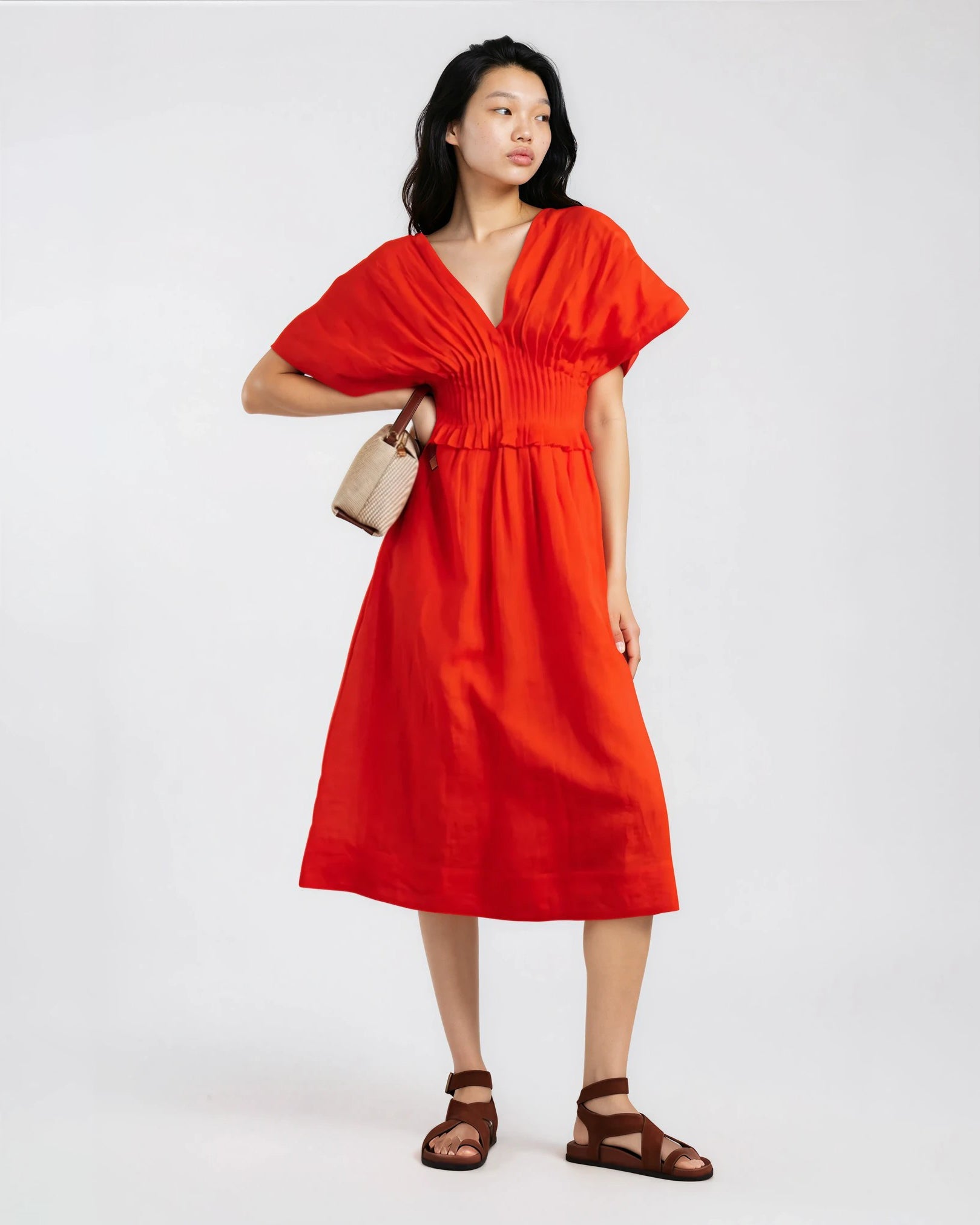Sea New York Zora Pleated Ramie Midi Dress in Red Size 12 - Pre - Owned - Wind & Song