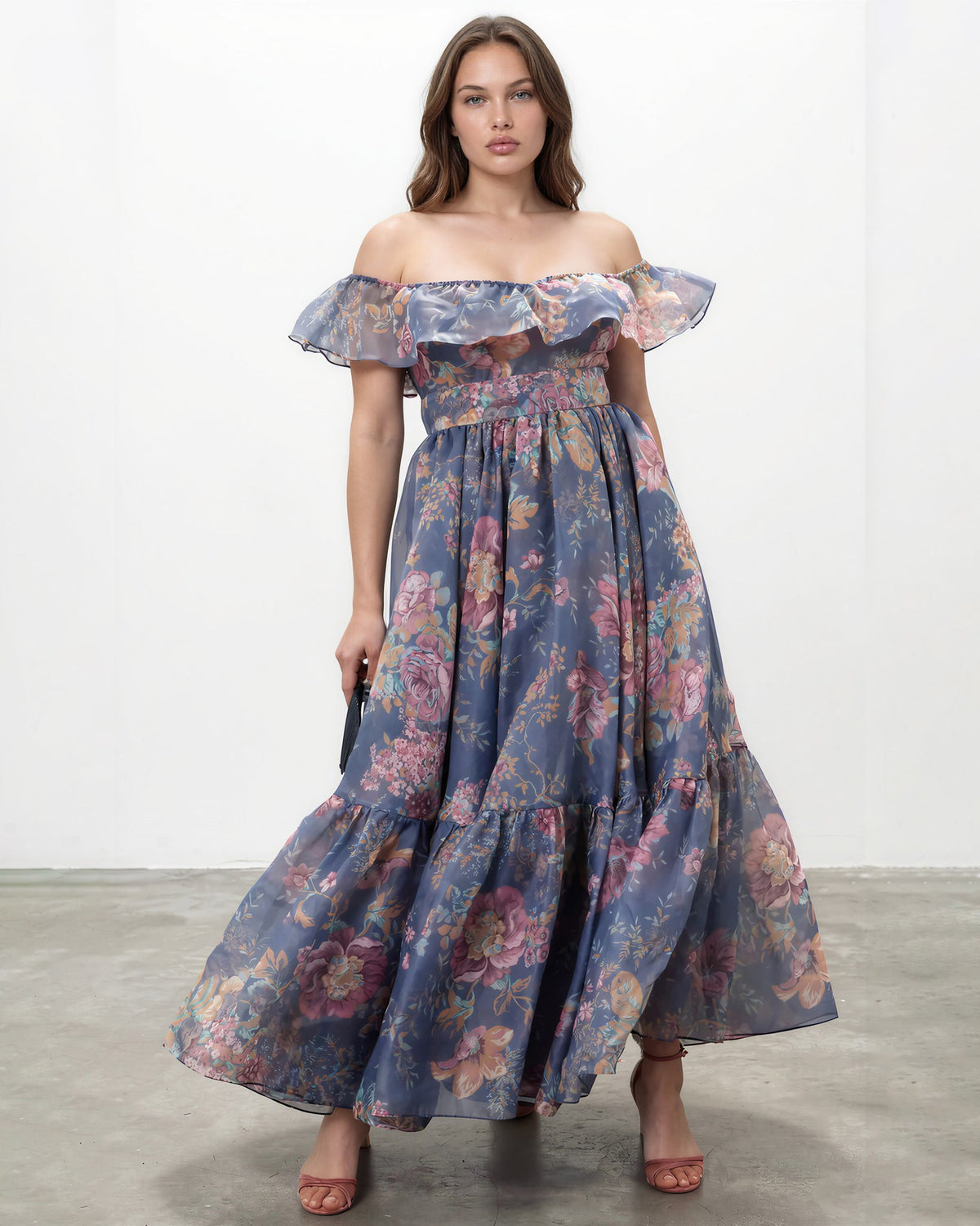 Selkie Romance Novel Blue Floral Organza Off the Shoulder Gown Size L - Wind & Song