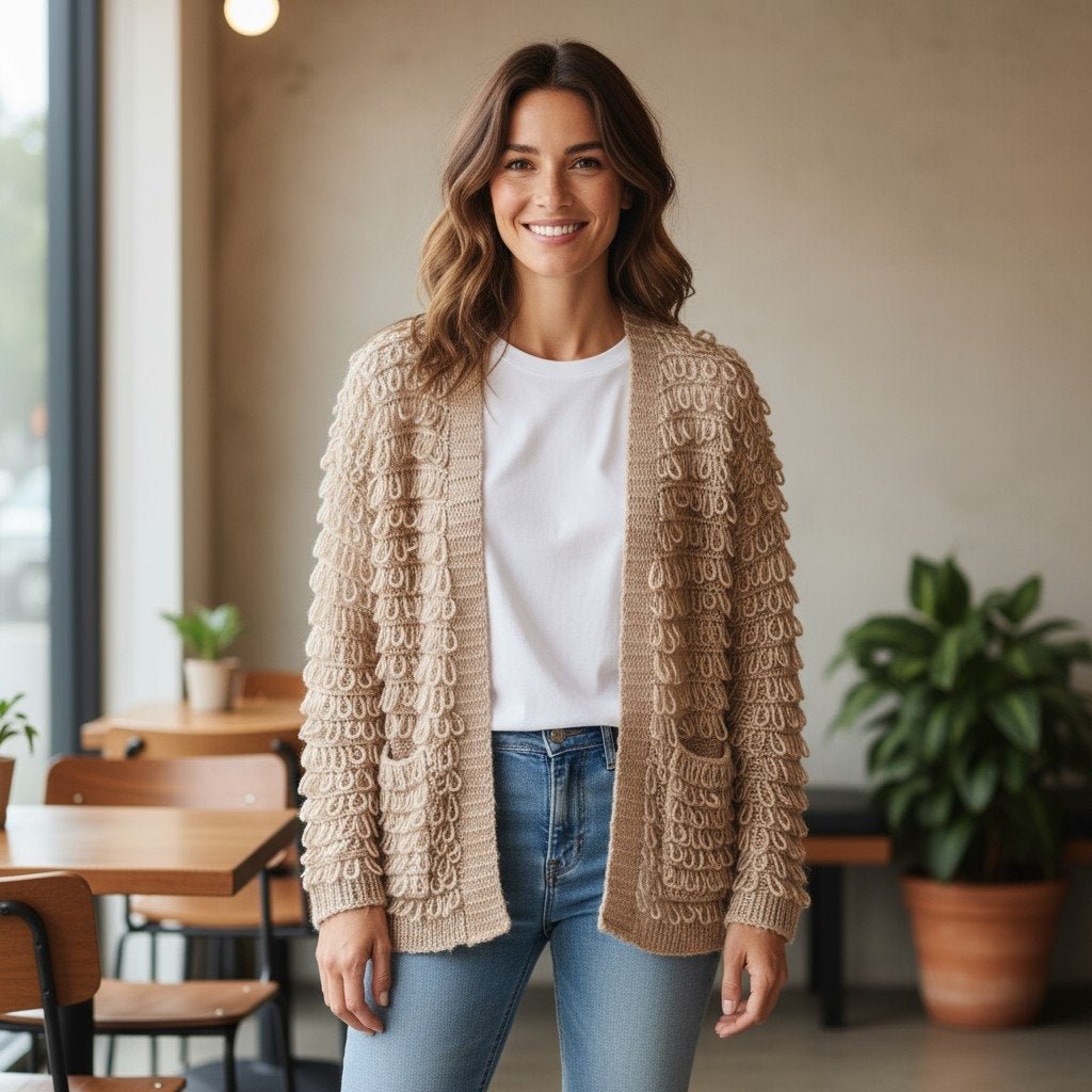 The Great. The Short Monster Loop Knit Cardigan Sweater Open Front TanAIAI - Wind & Song
