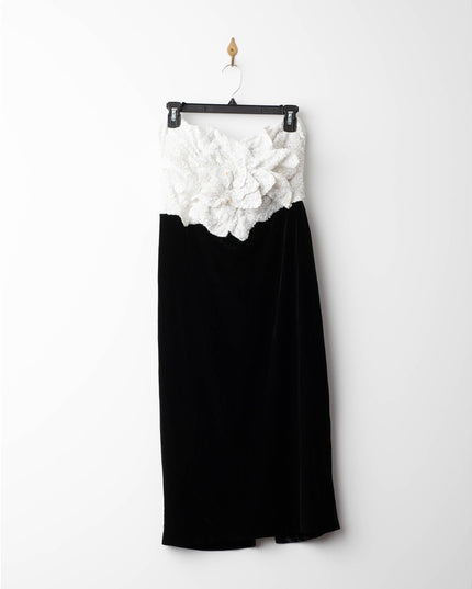 Badgley Mischka Black Velvet with White Rose Bodice Dress