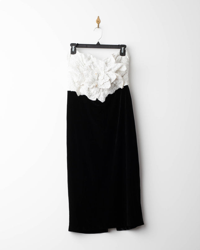 Badgley Mischka Black Velvet with White Rose Bodice Dress