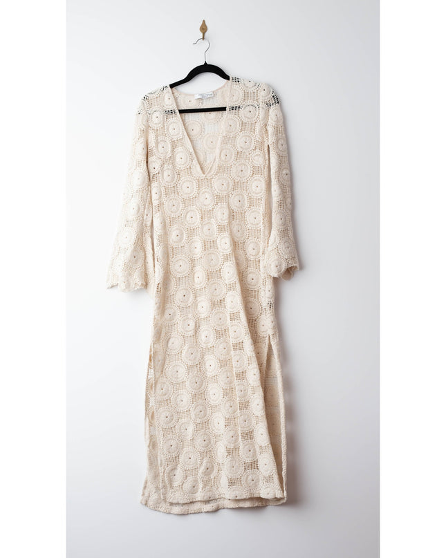 Ronny Kobo x RTR Sheer Crochet Beige Knit Dress